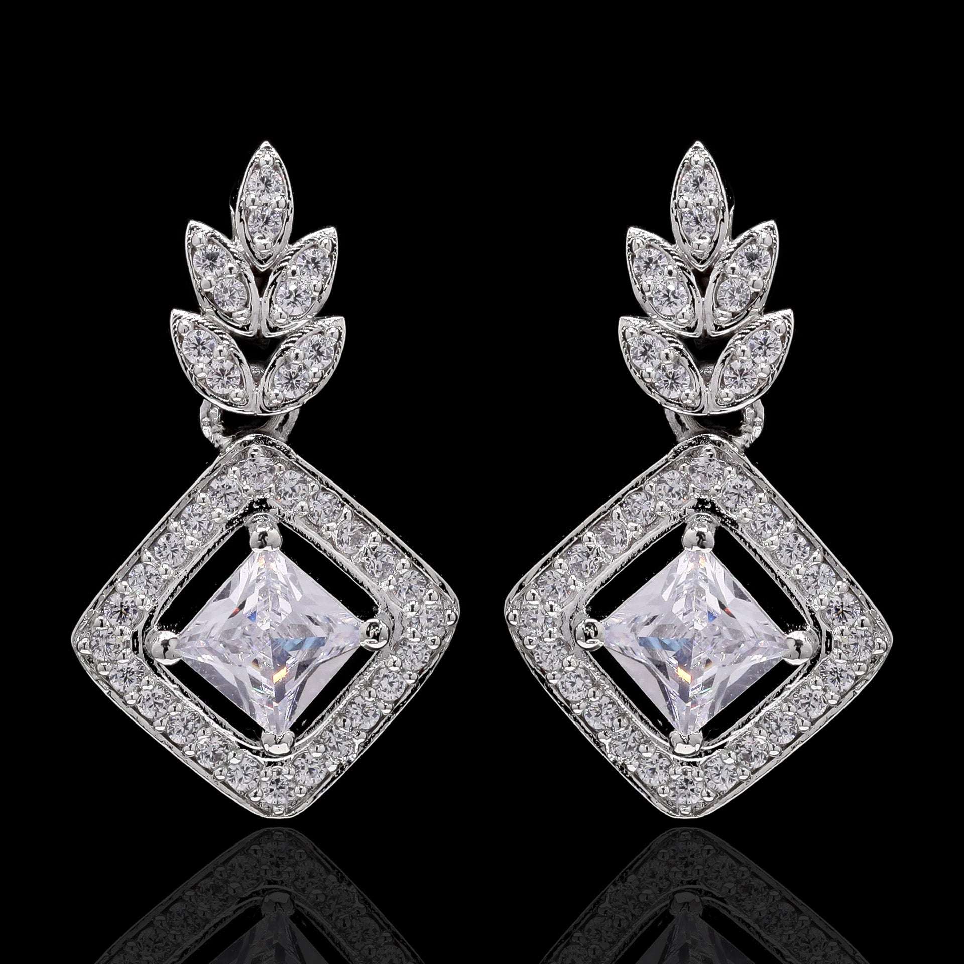 Leafy Square Silver Earrings