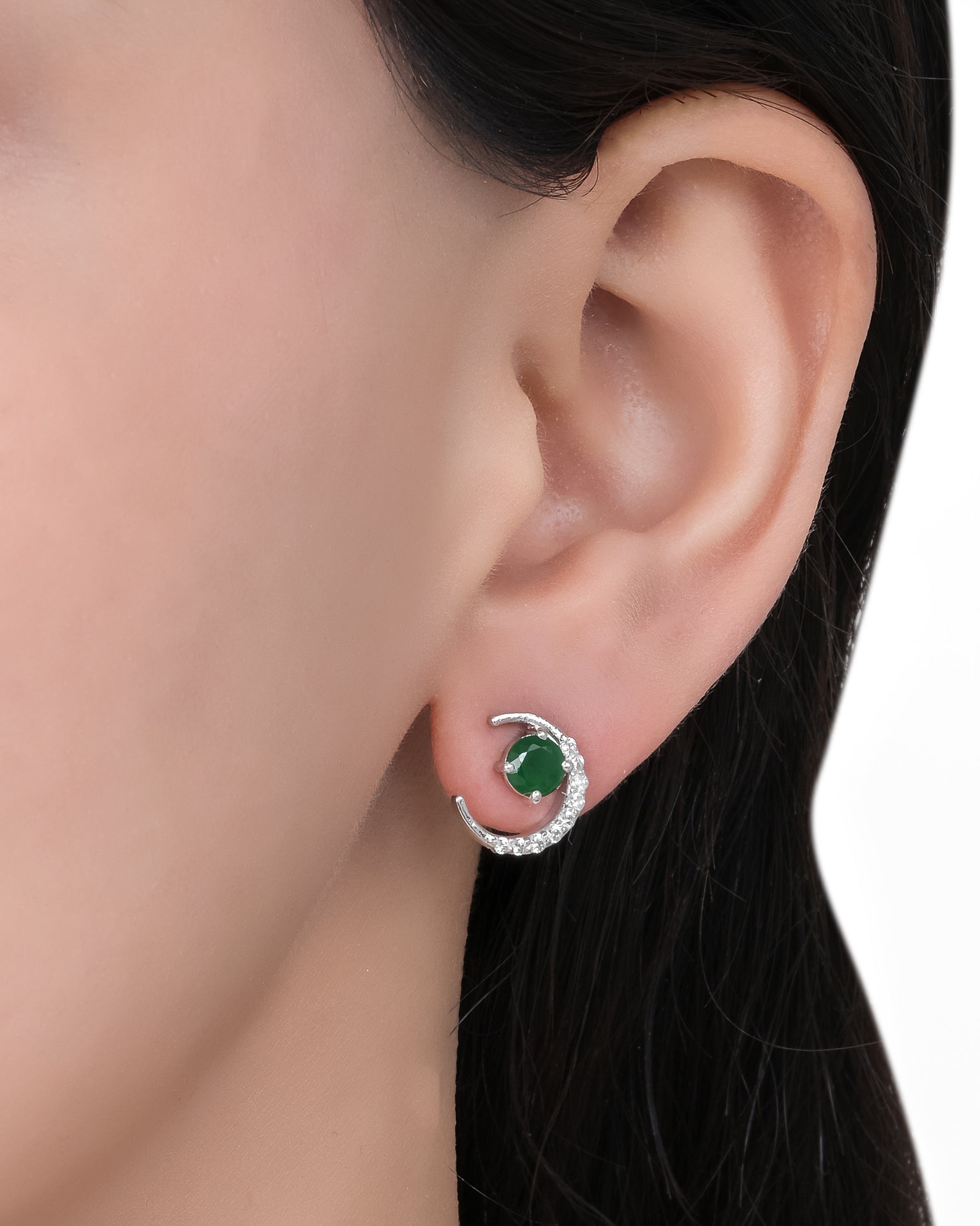 Emerald Crescent Silver Earrings