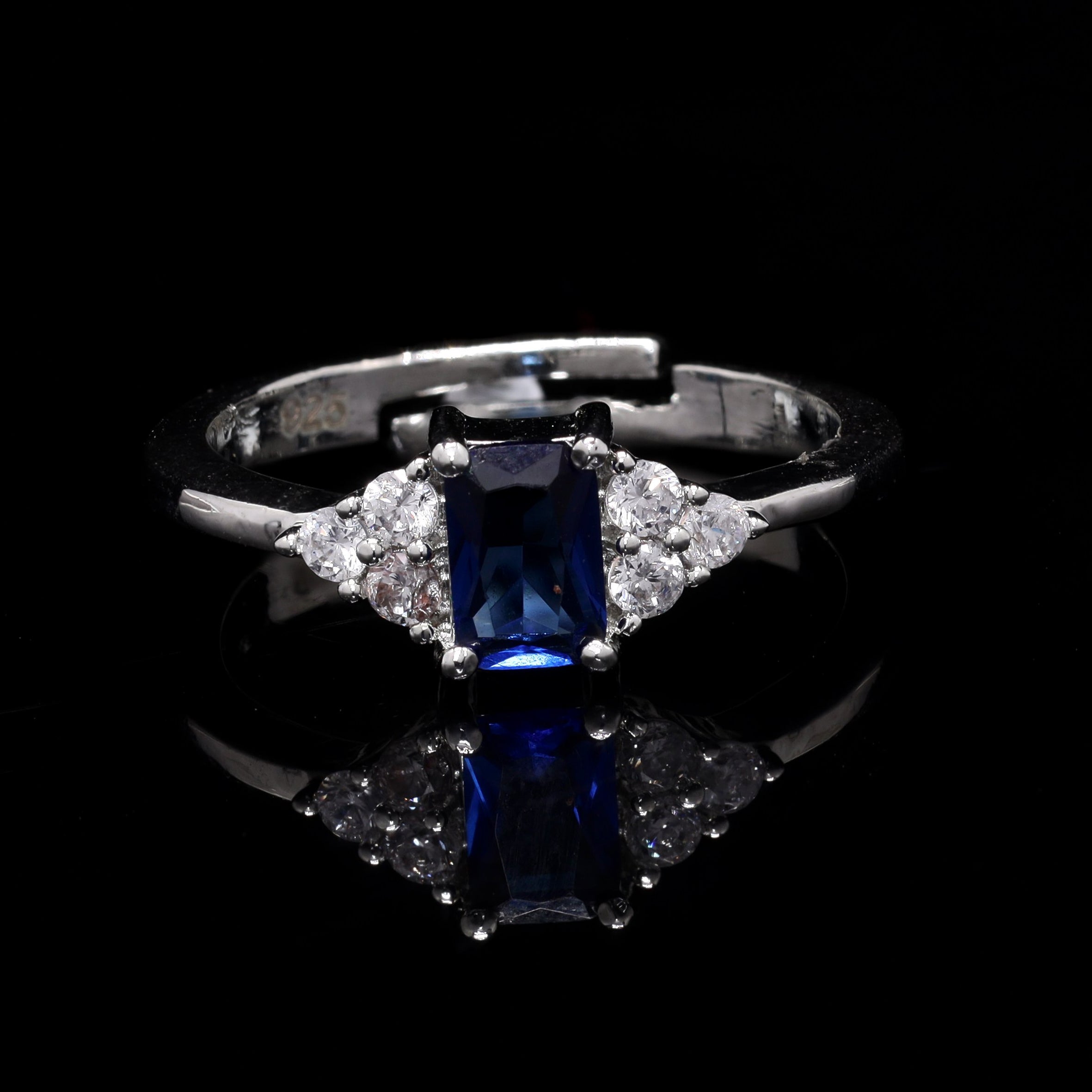 Blue Emerald Cut Silver Ring