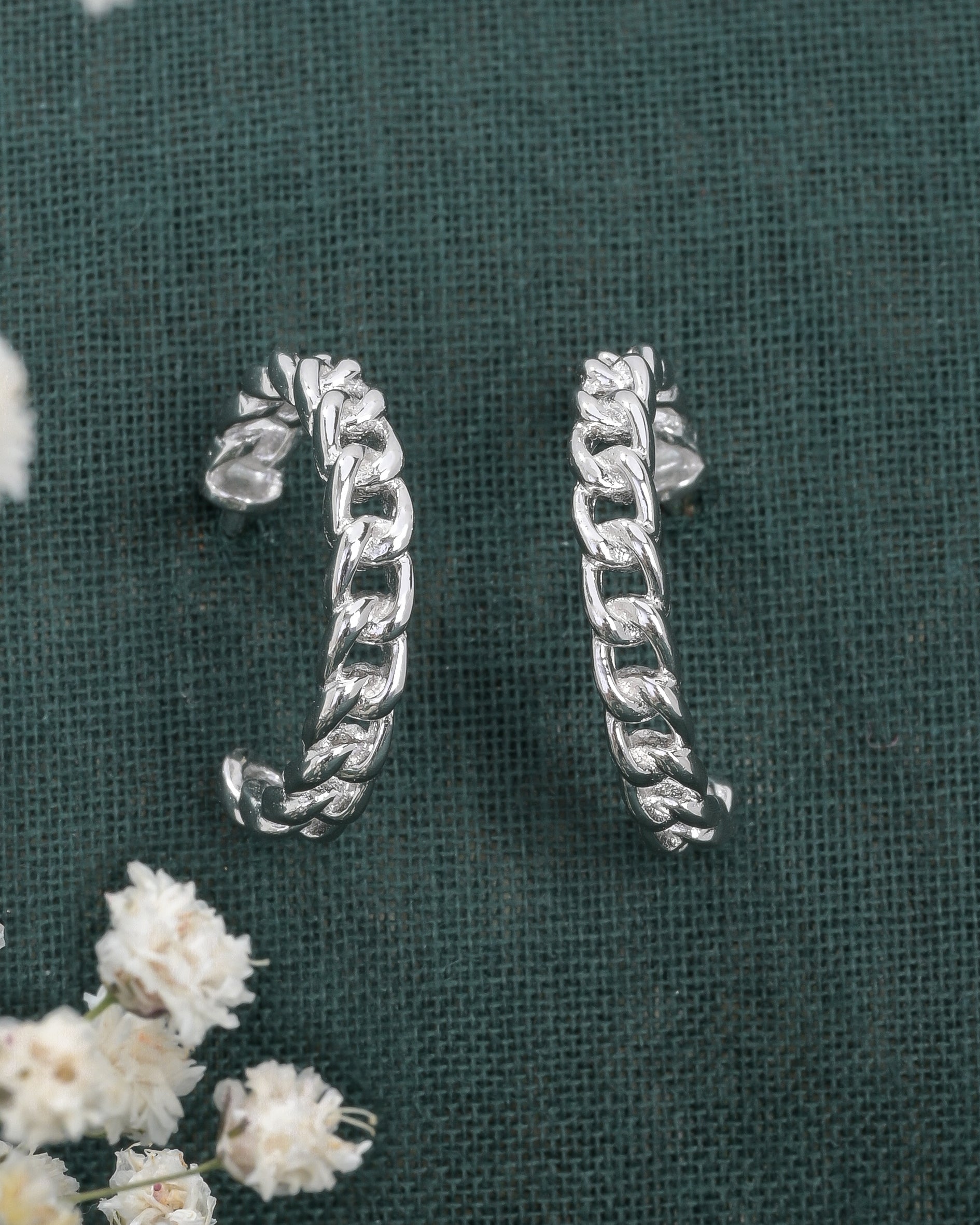 Crossed Chain Silver Hoops