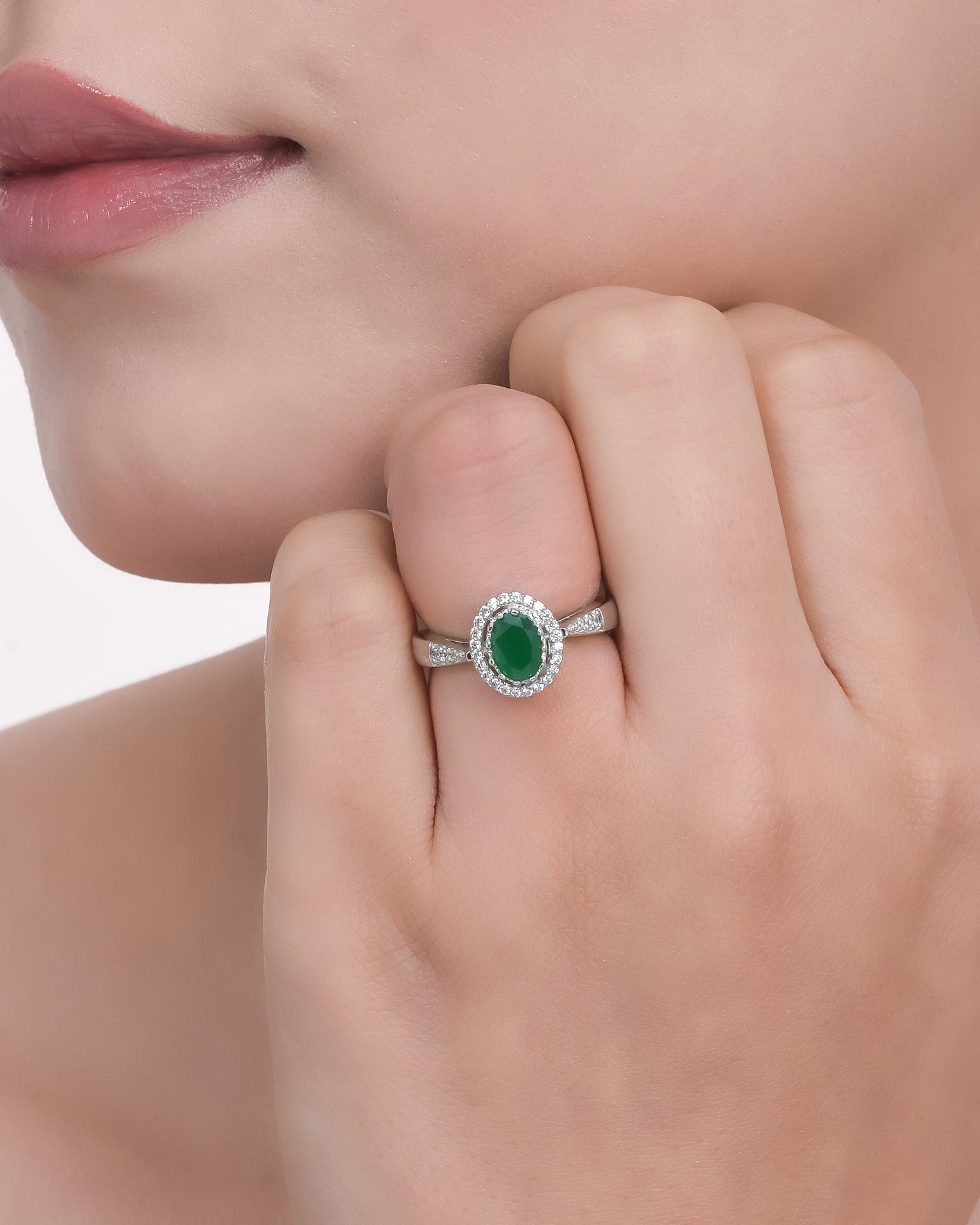 Green Oval Halo Silver Ring
