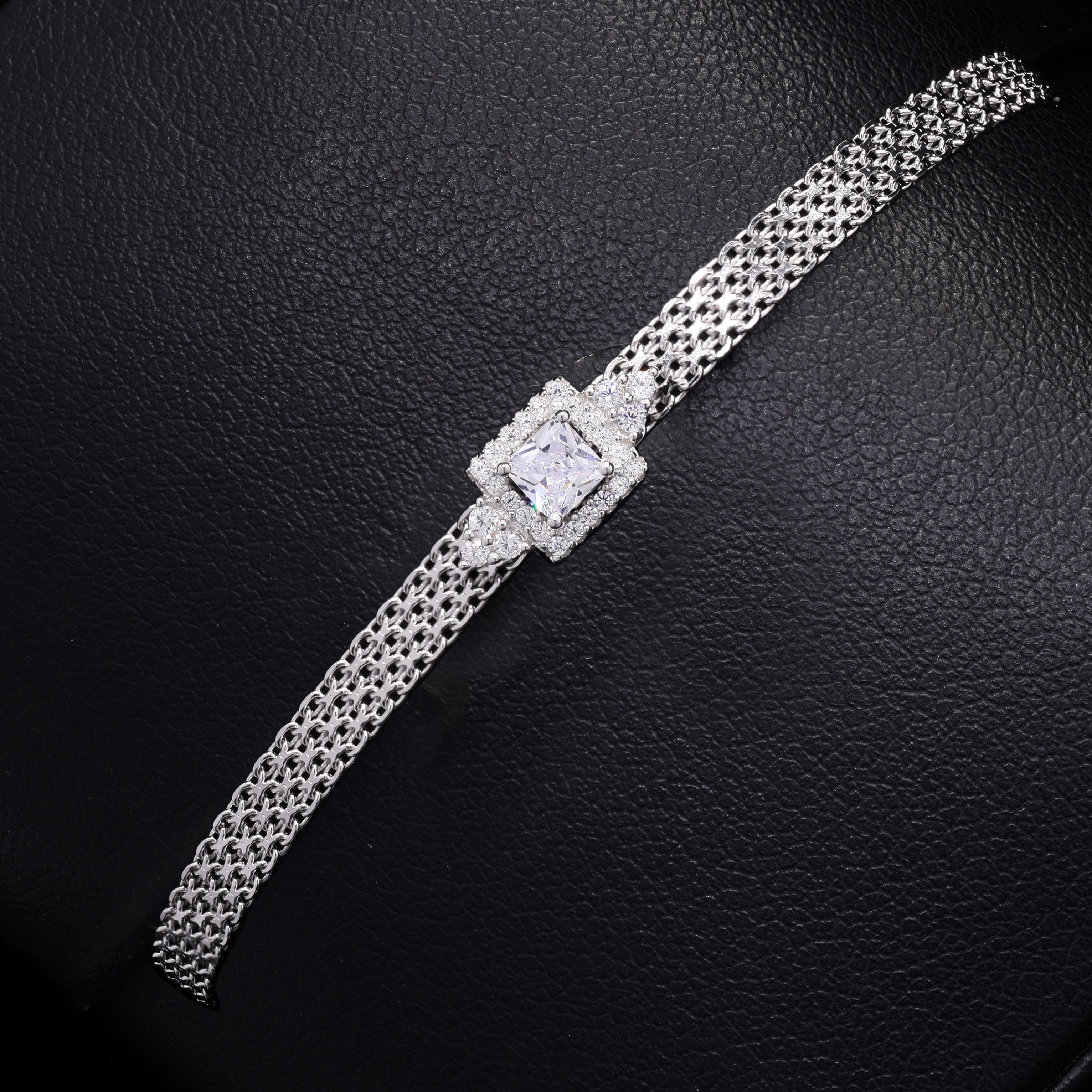 Square Solitaire Silver Band Bracelet