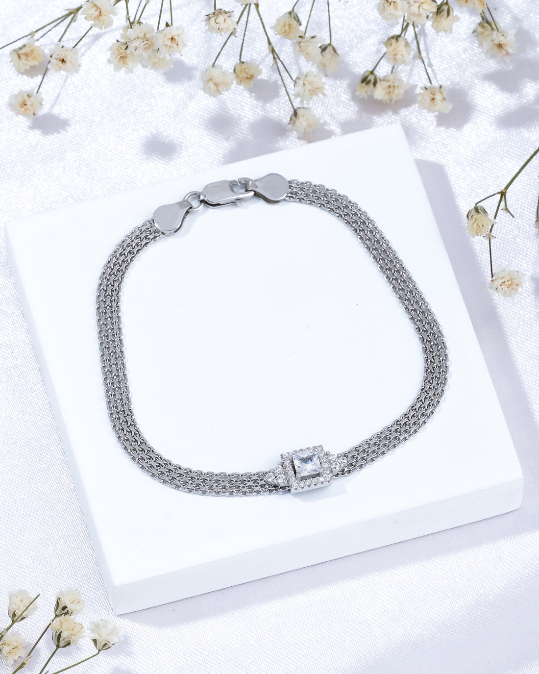 Square Solitaire Silver Band Bracelet