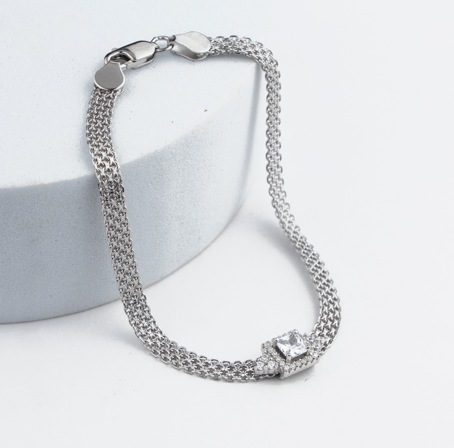 Square Solitaire Silver Band Bracelet