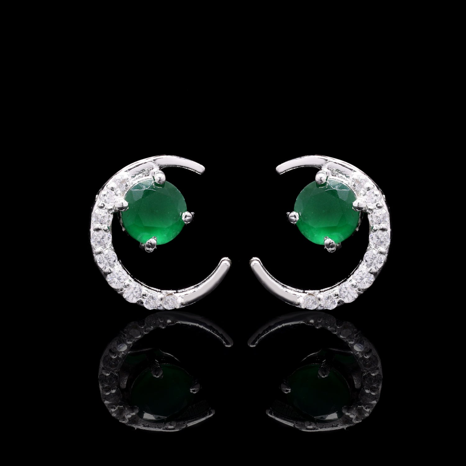 Emerald Crescent Silver Earrings