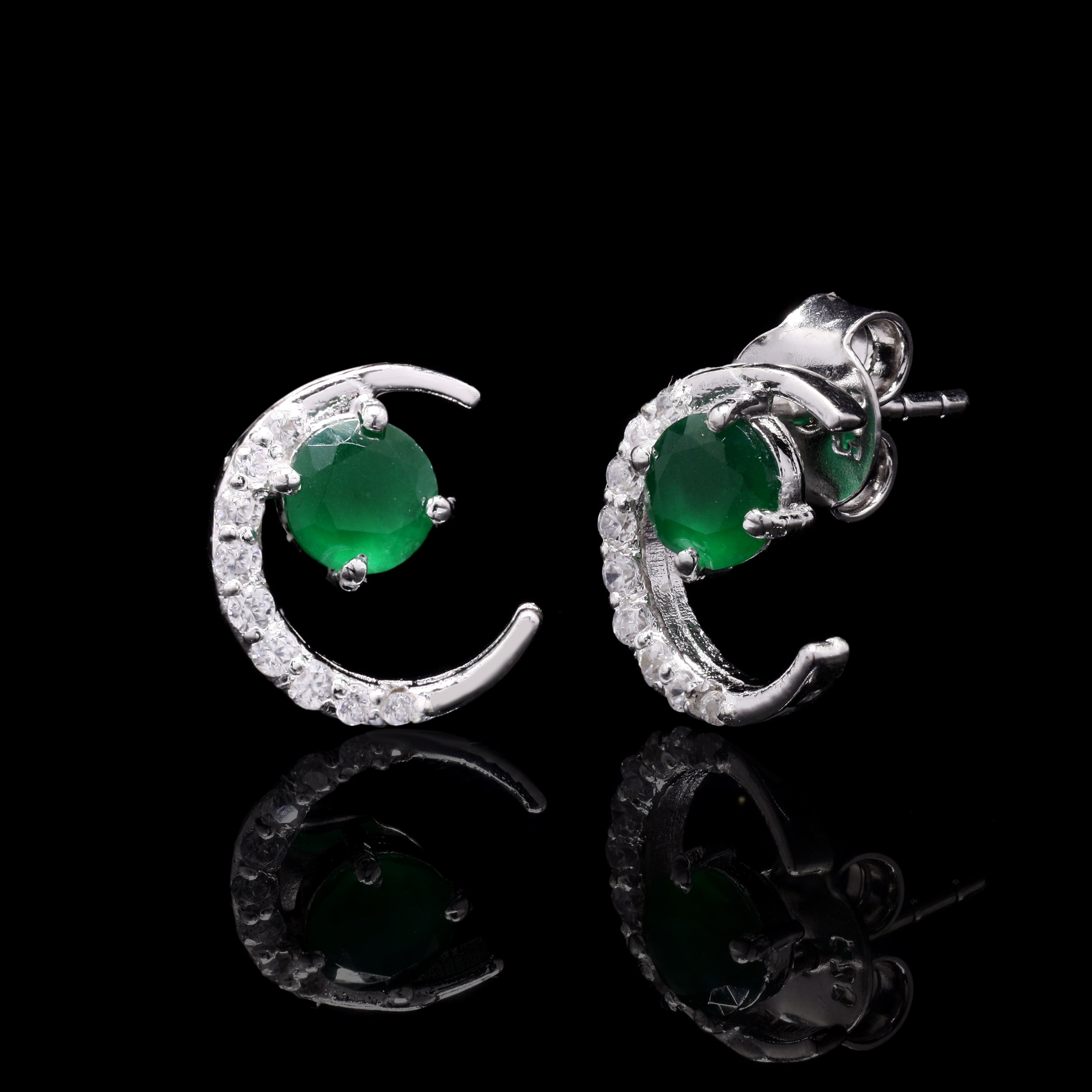 Emerald Crescent Silver Earrings