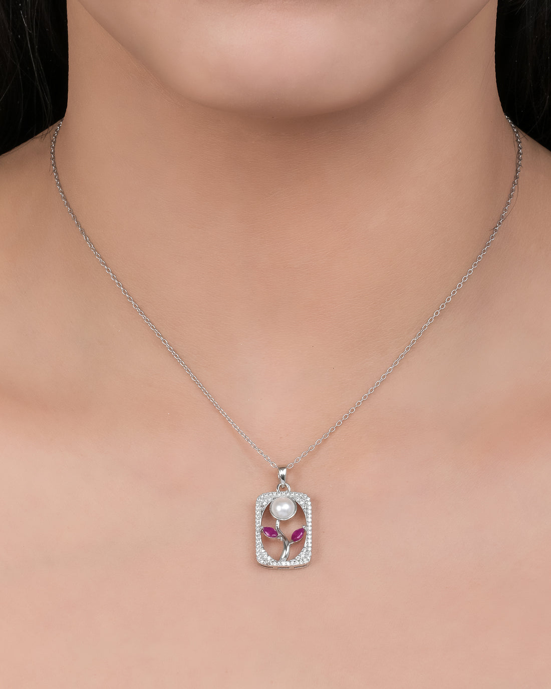 Red Flower Frame Silver Pendant