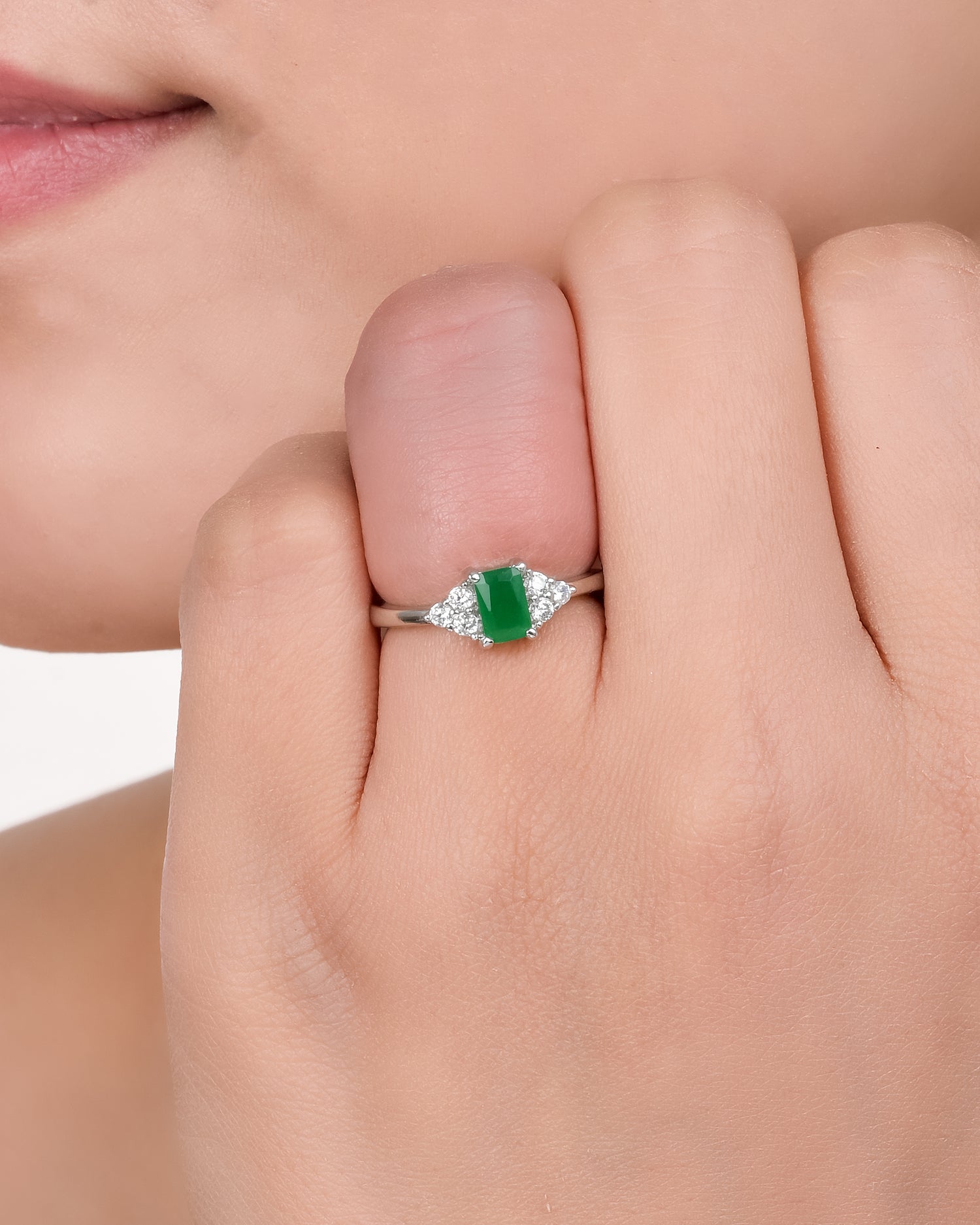 Green Emerald Cut Silver Ring