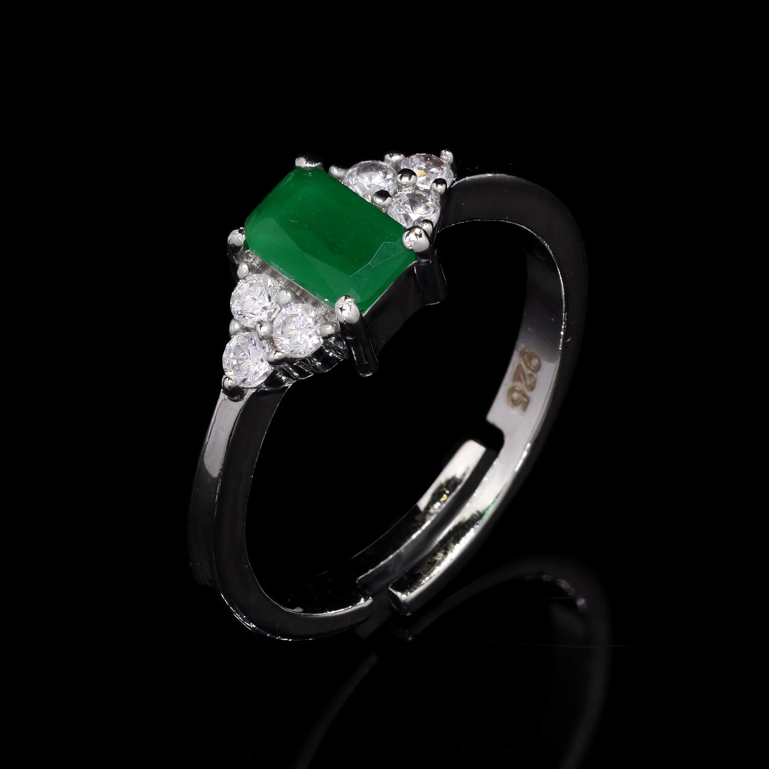 Green Emerald Cut Silver Ring