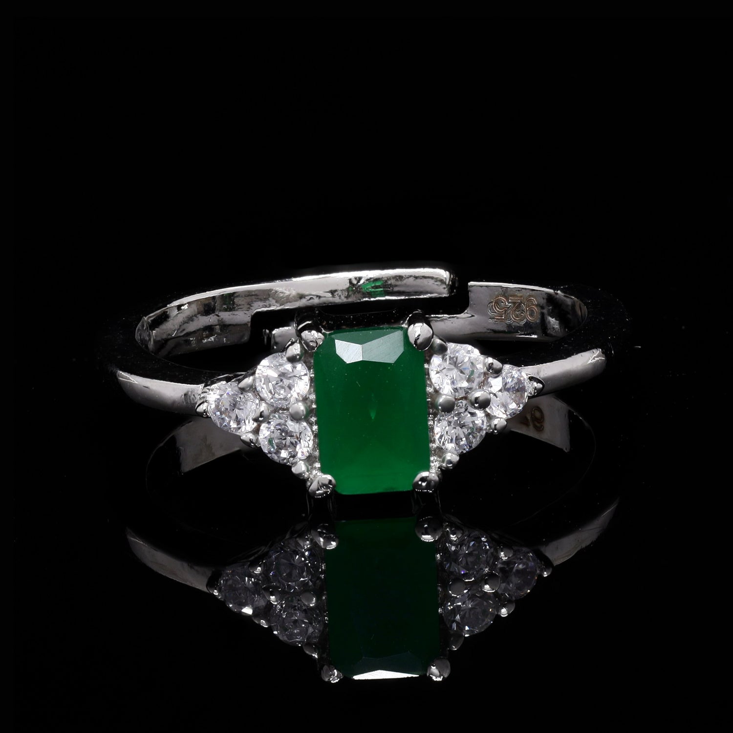 Green Emerald Cut Silver Ring