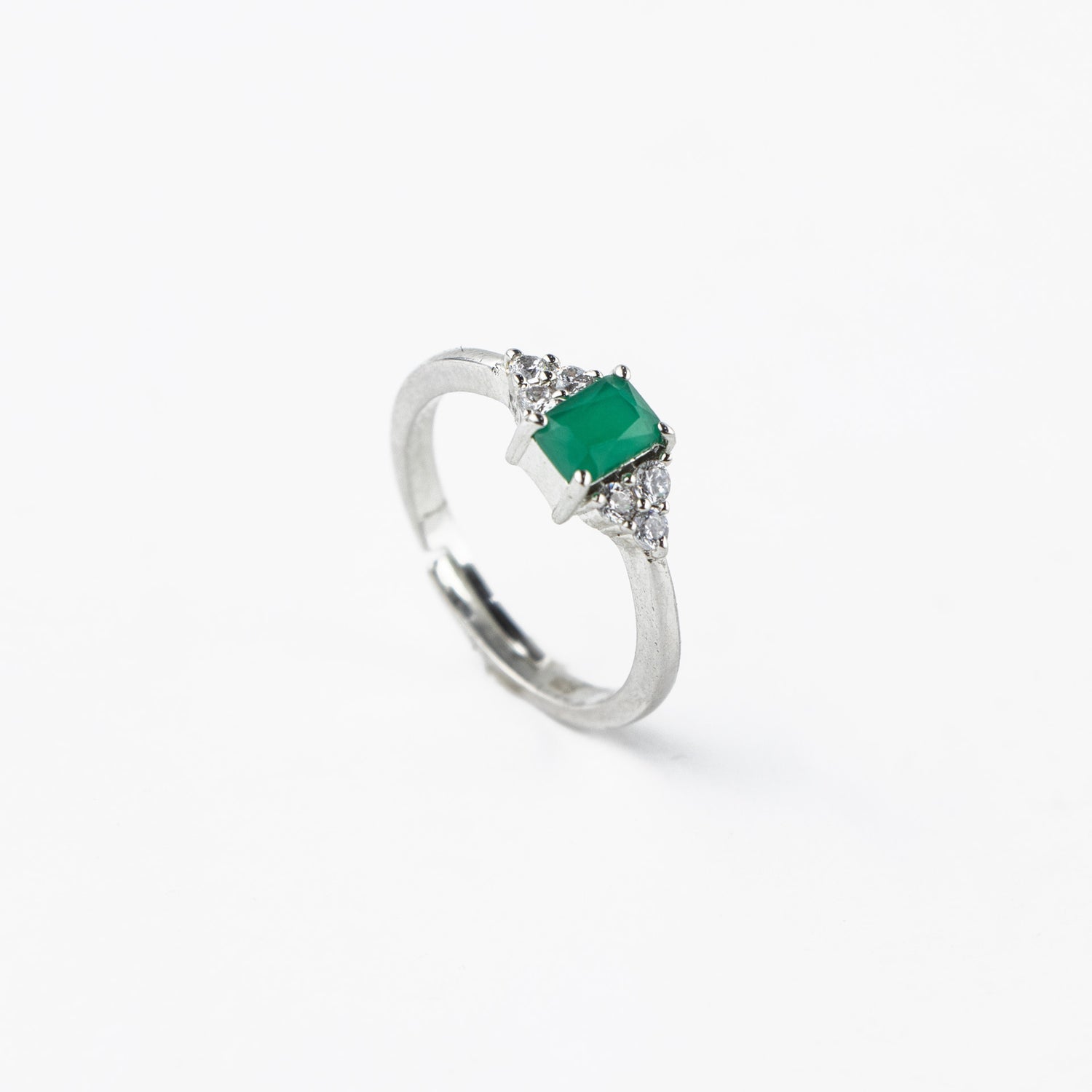 Green Emerald Cut Silver Ring