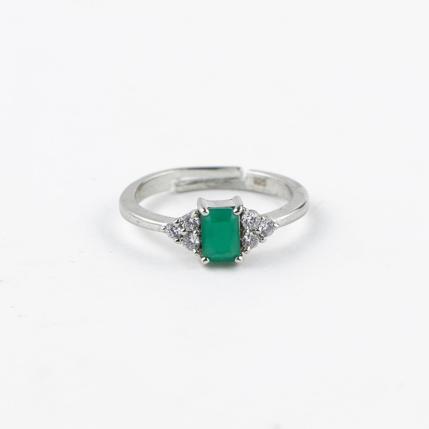 Green Emerald Cut Silver Ring