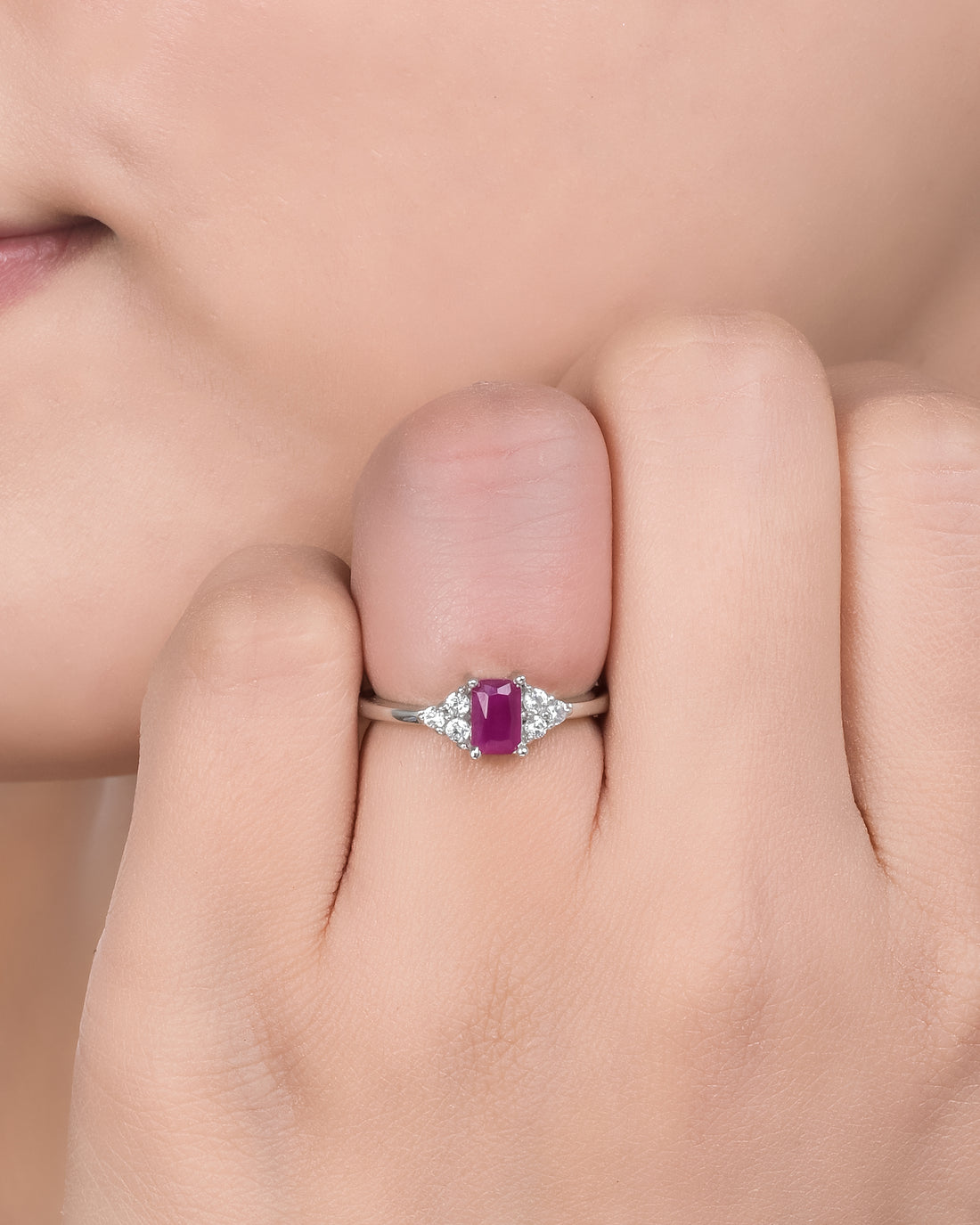 Red Emerald Cut Silver Ring