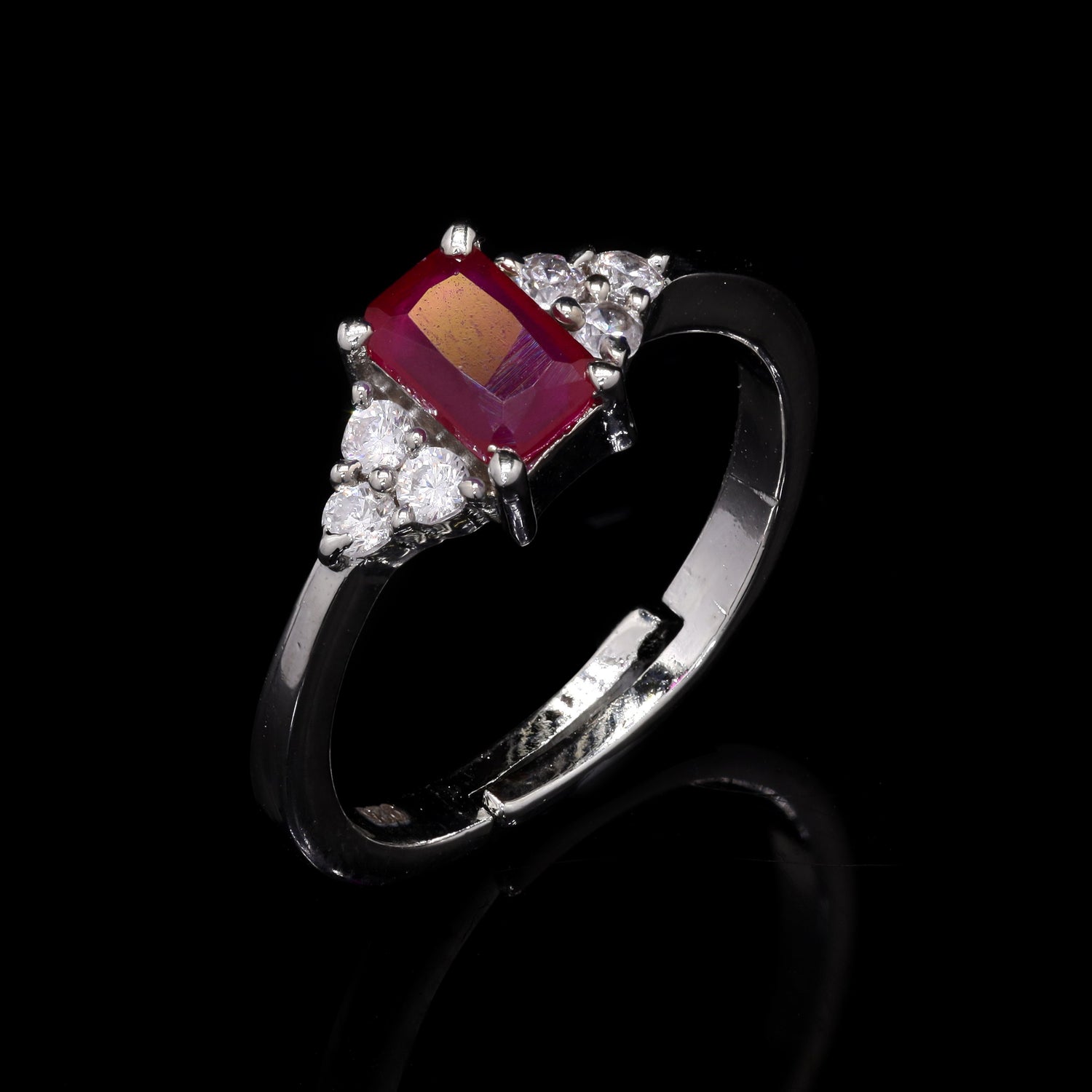 Red Emerald Cut Silver Ring