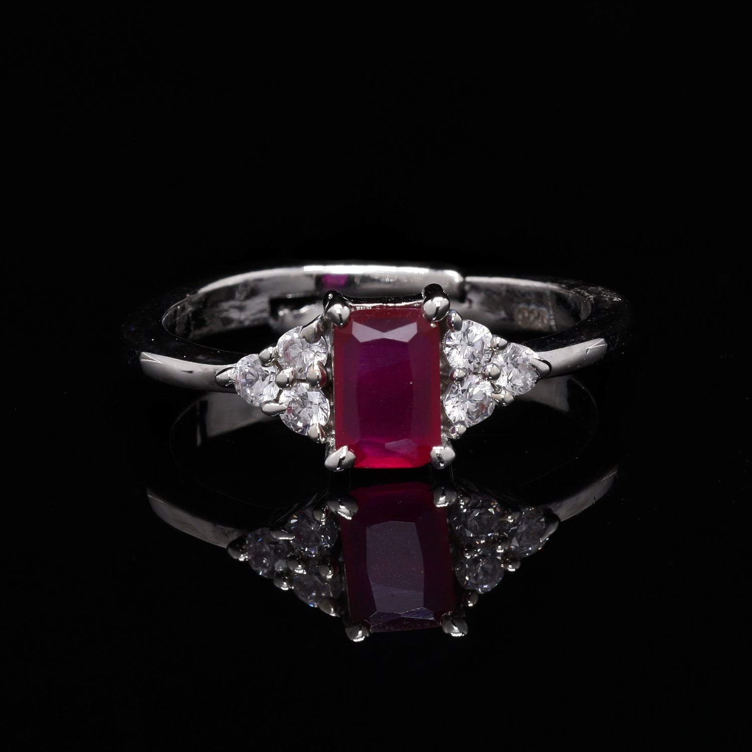 Red Emerald Cut Silver Ring