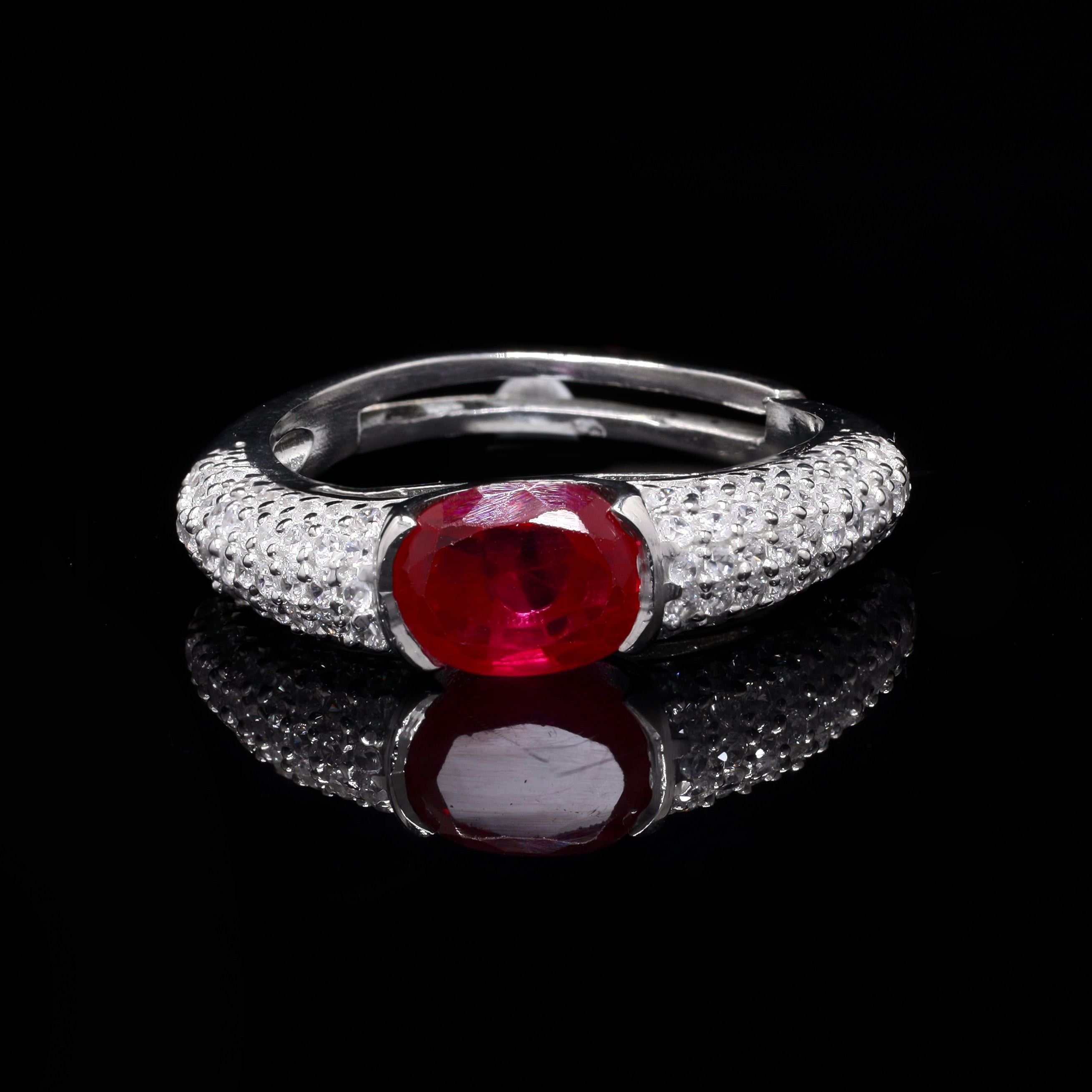 Red Oval Cocktail Silver Ring