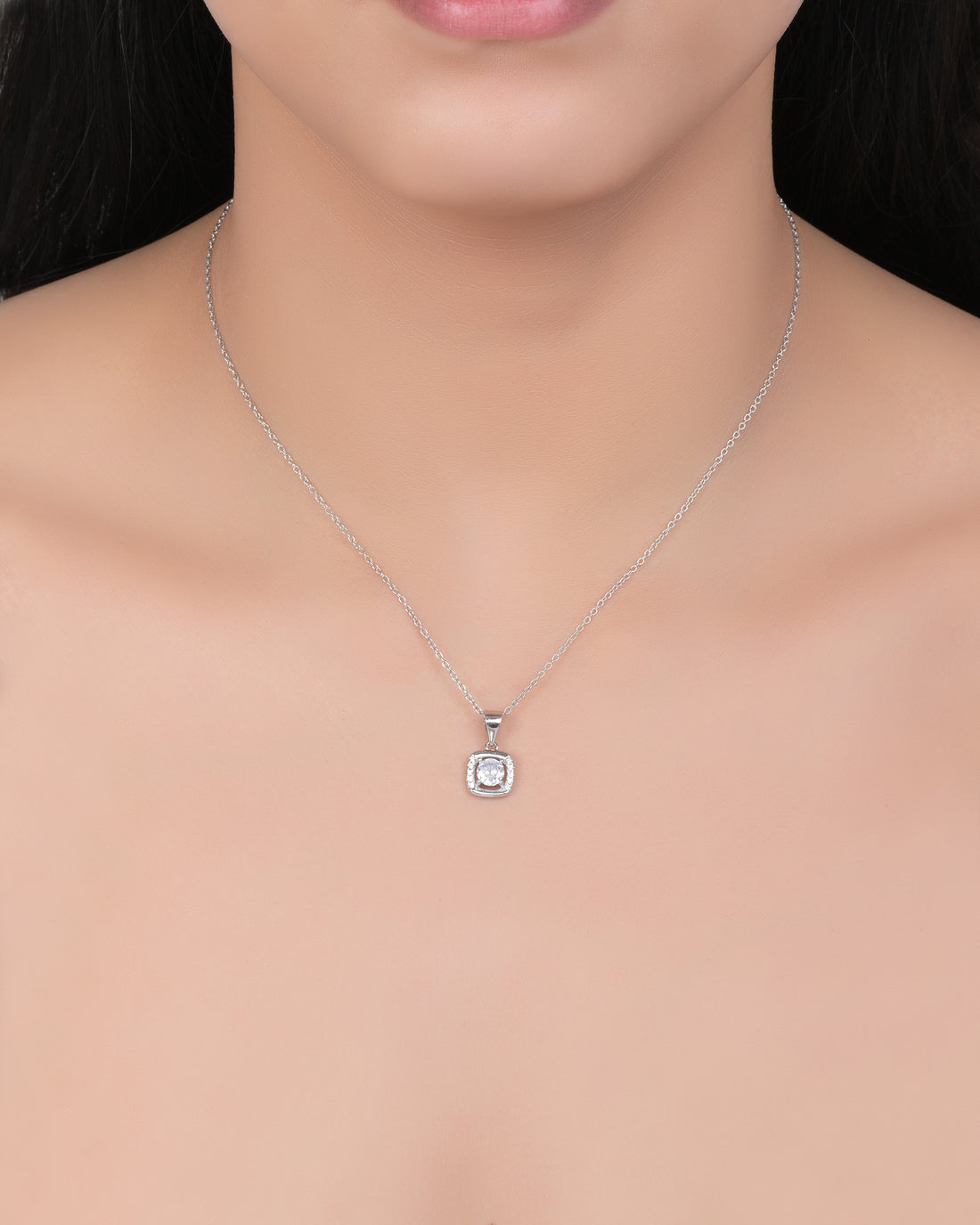 Square Halo Silver Pendant Set