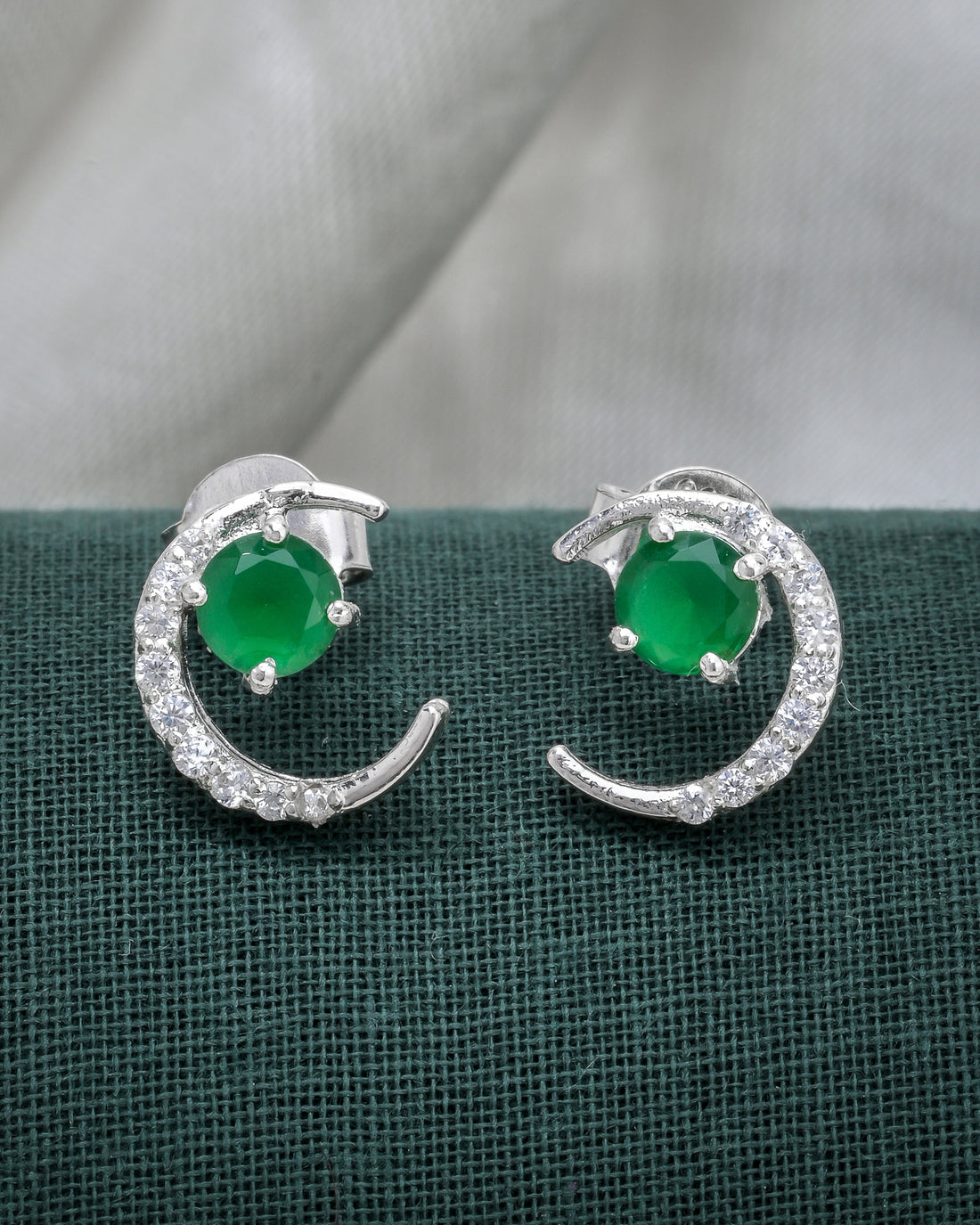Emerald Crescent Silver Earrings