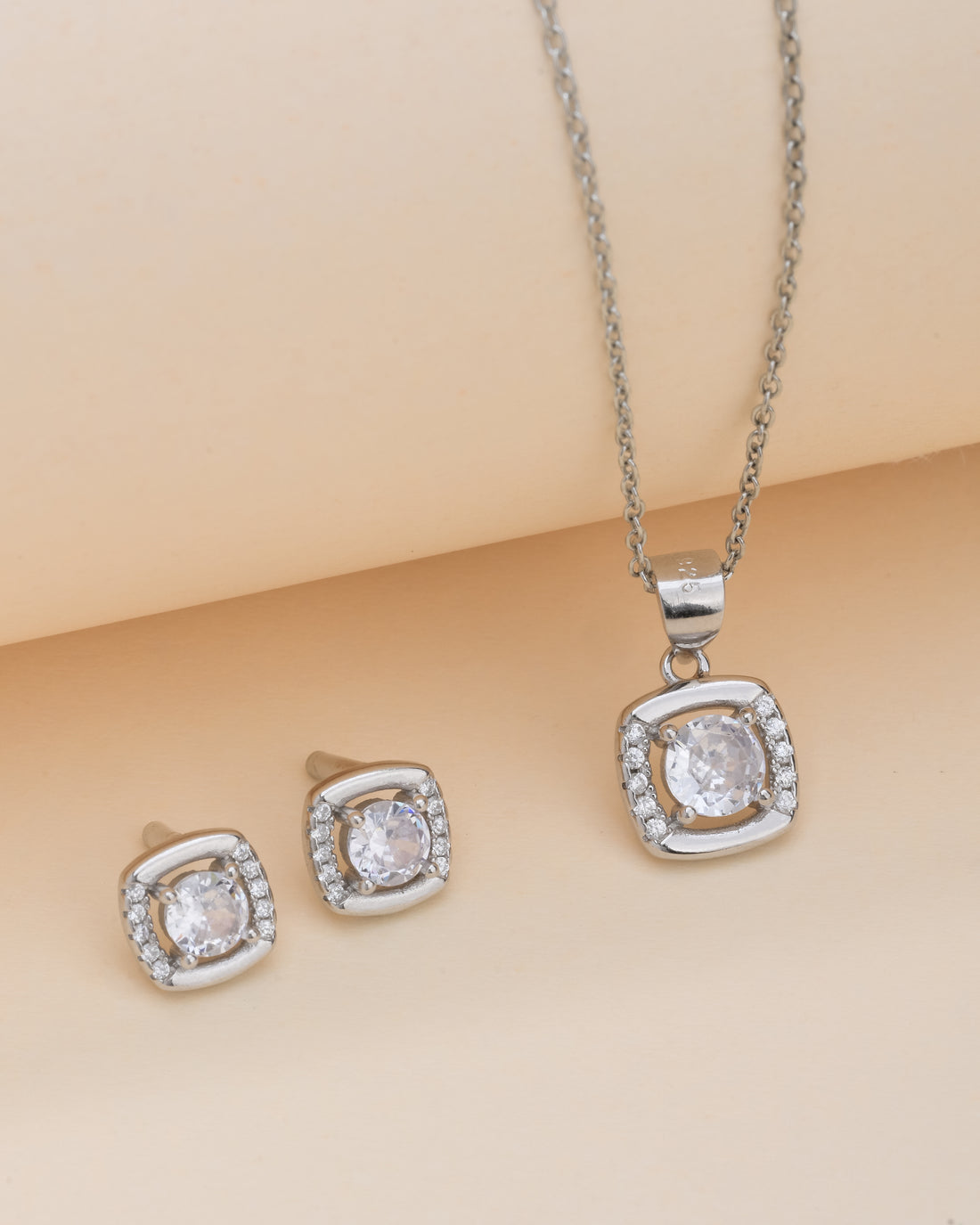 Square Halo Silver Pendant Set