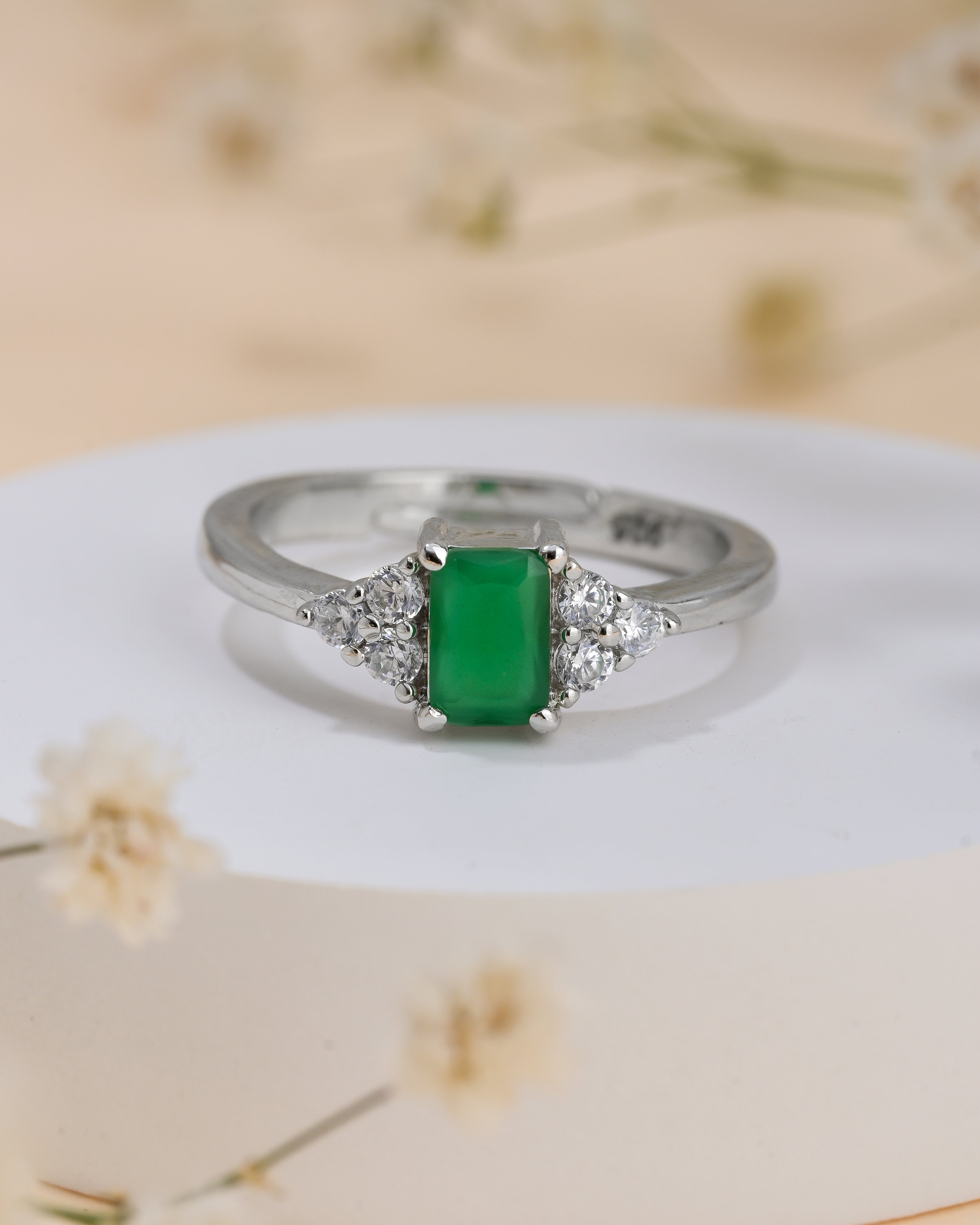 Green Emerald Cut Silver Ring