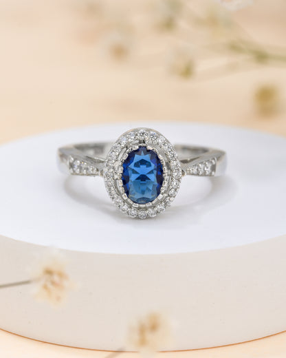 Blue Oval Halo Silver Ring