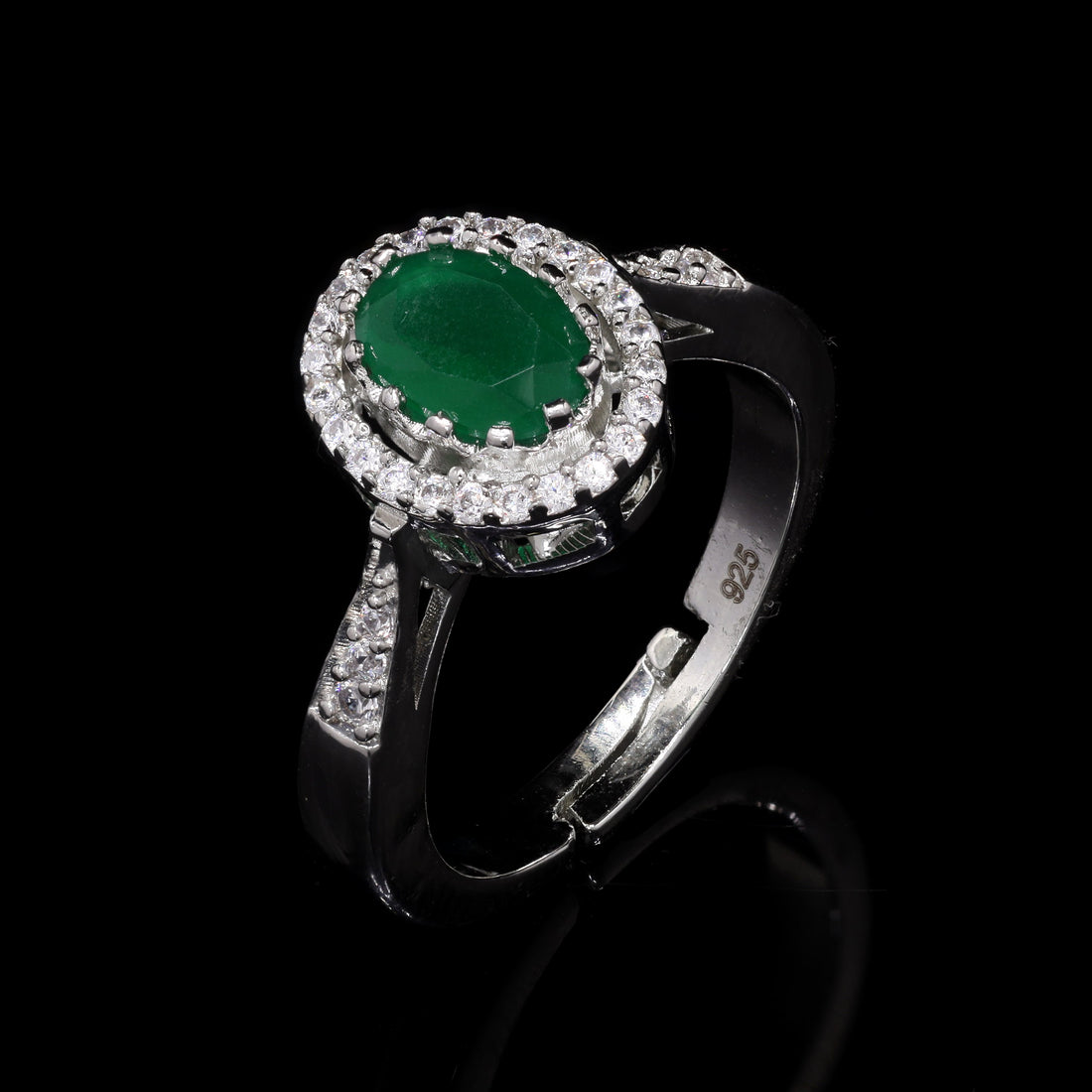 Green Oval Halo Silver Ring