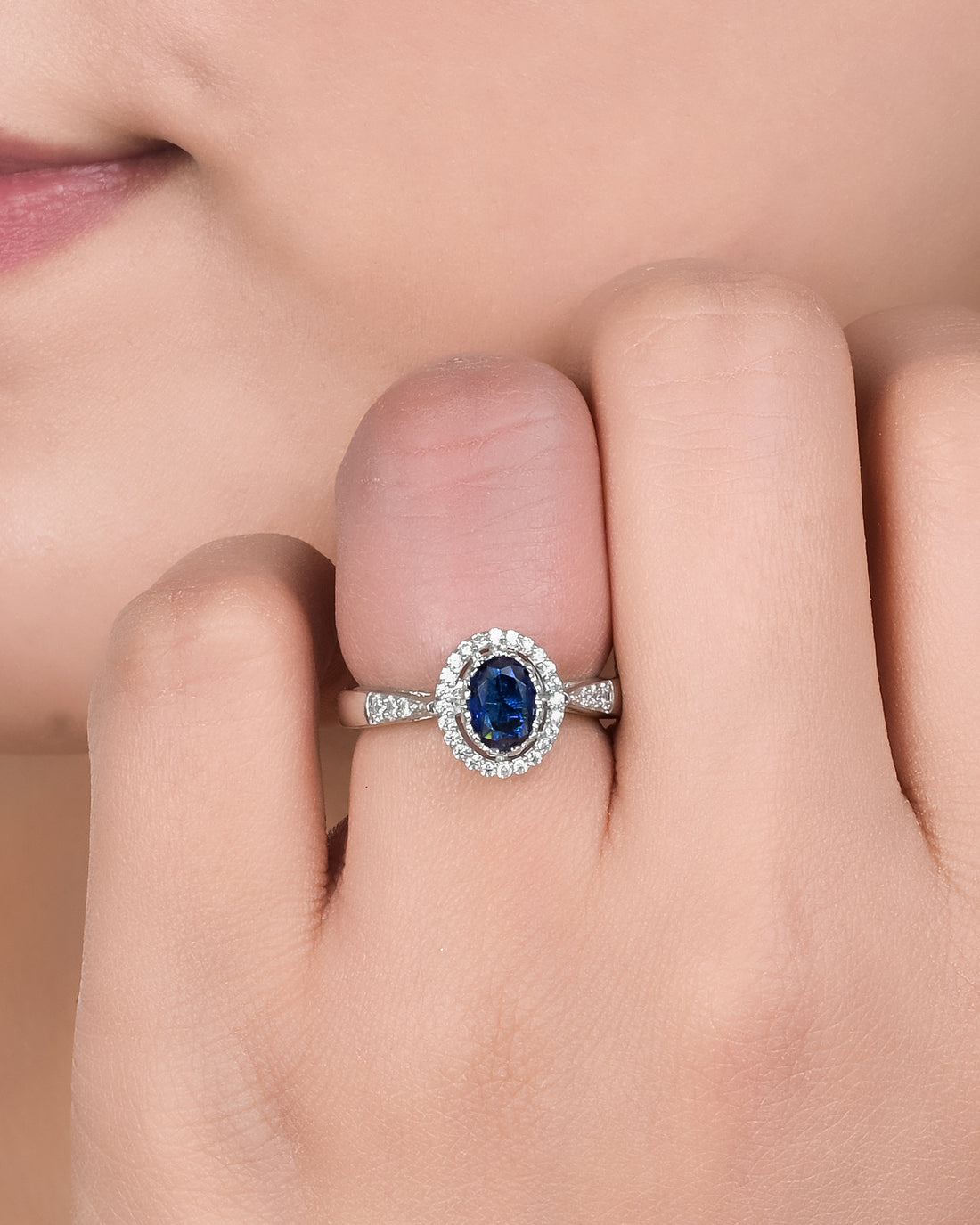 Blue Oval Halo Silver Ring