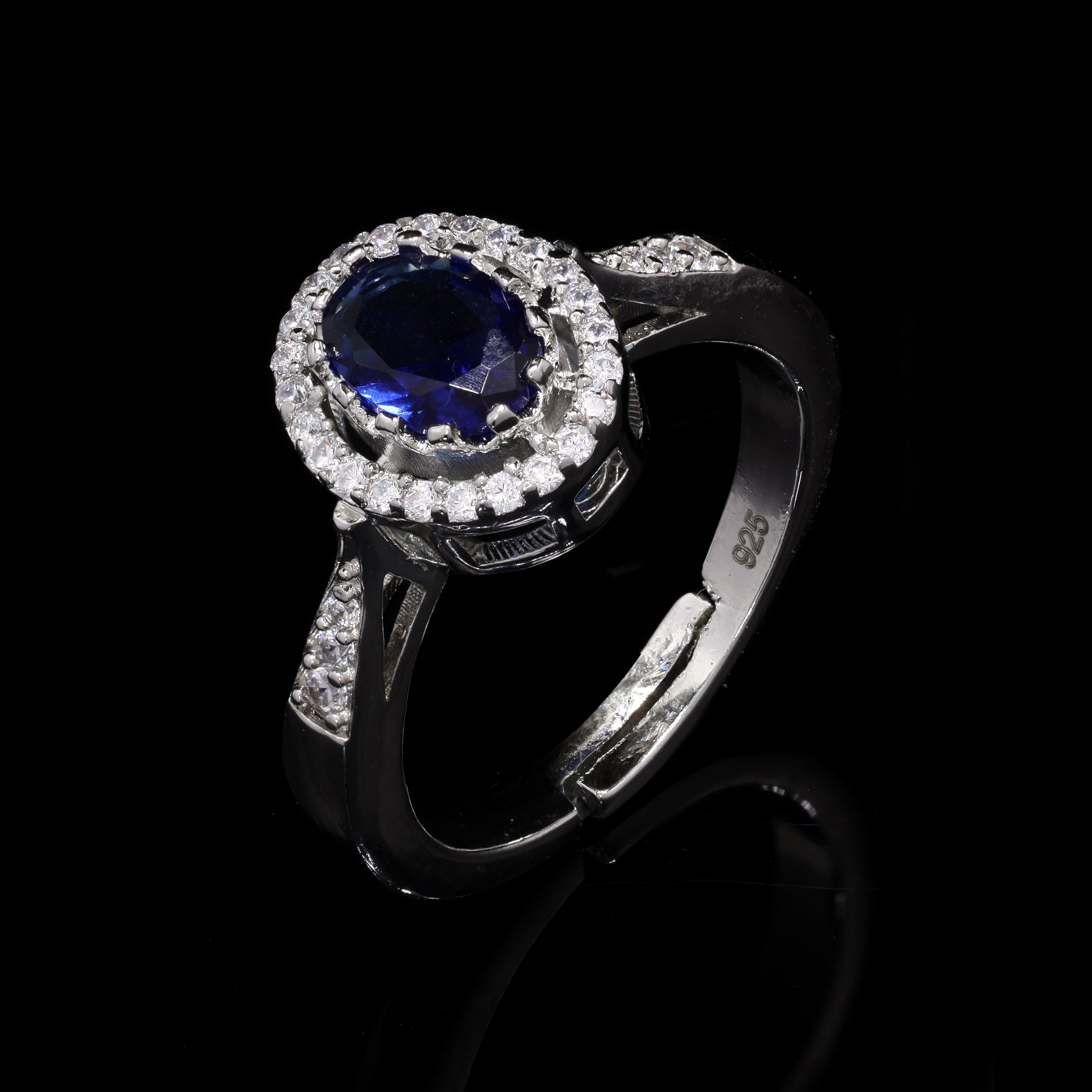 Blue Oval Halo Silver Ring