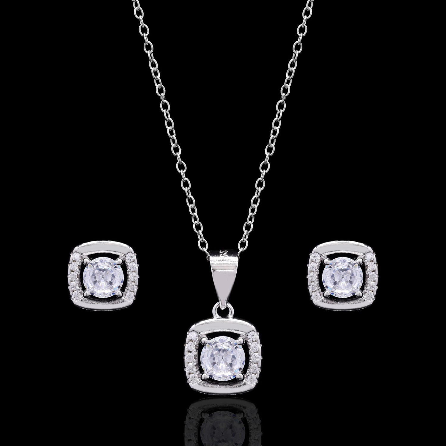 Square Halo Silver Pendant Set