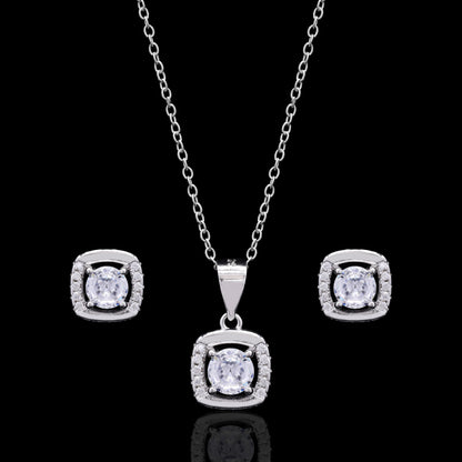 Square Halo Silver Pendant Set