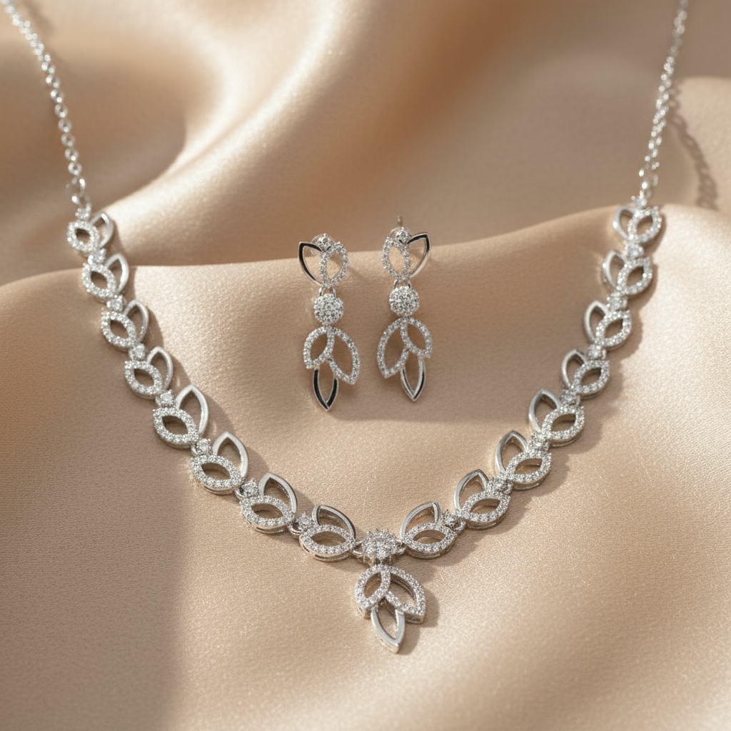 Leaflet Silver Necklace Set